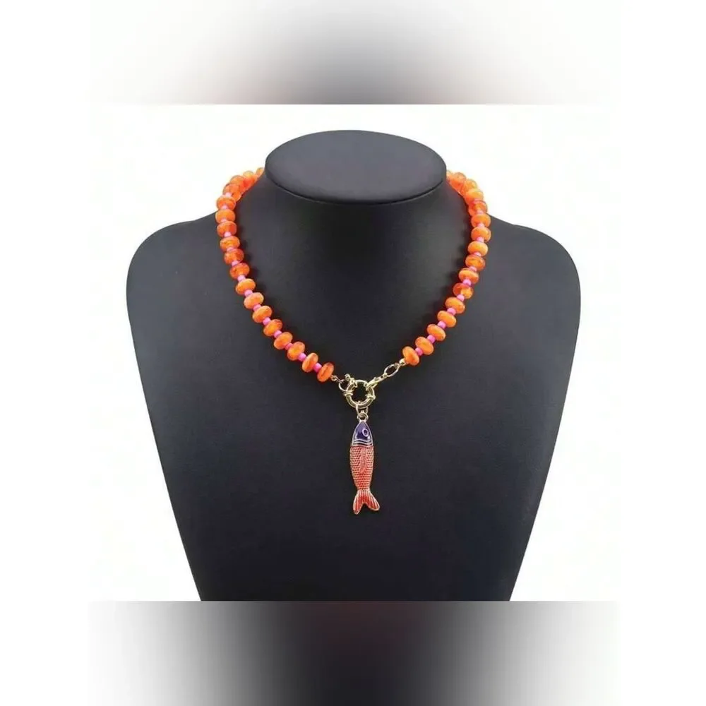 Orange Beaded Necklace with Fish Charm A1666
